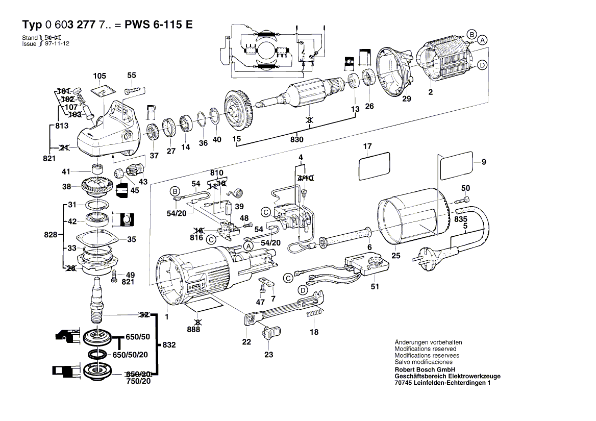 для угловой шлифмашины Bosch PWS 6-115 E 220 V 0603277703, деталировка 1