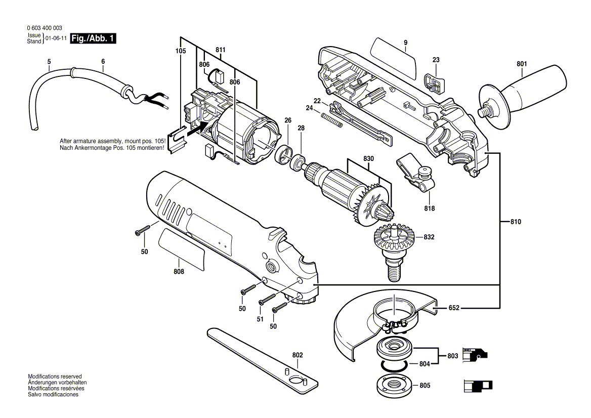 для угловой шлифмашины Bosch PWS 600 230 V 0603400003, деталировка 1