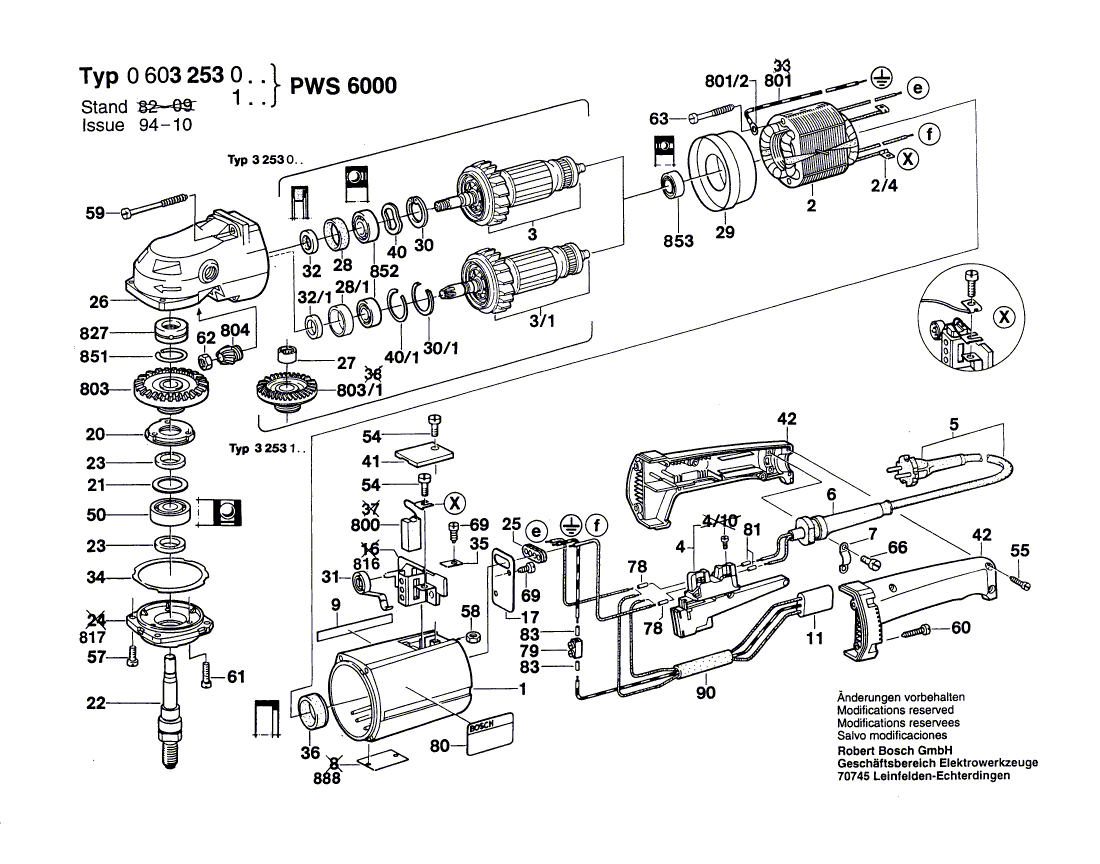 для угловой шлифмашины Bosch PWS 6000 220 V 0603253003, деталировка 1