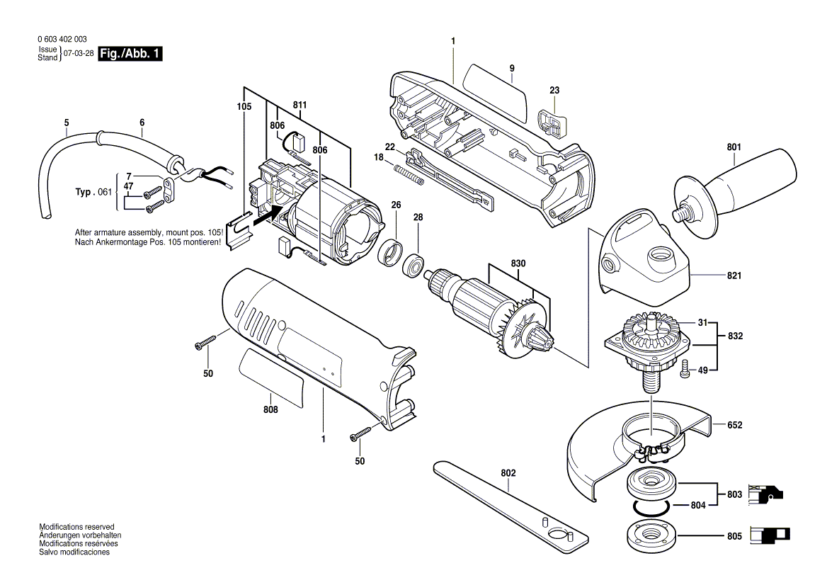 для угловой шлифмашины Bosch PWS 7-115 230 V 0603402003, деталировка 1