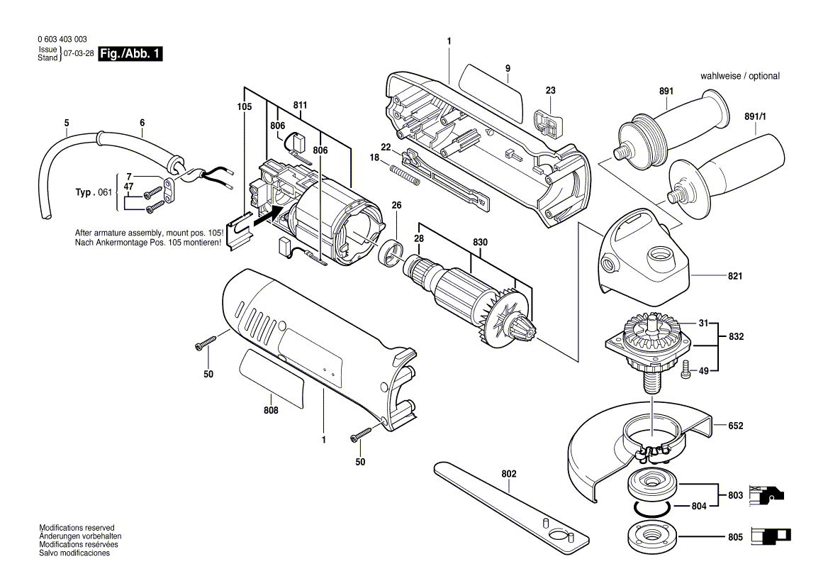 для угловой шлифмашины Bosch PWS 7-125 230 V 0603403003, деталировка 1