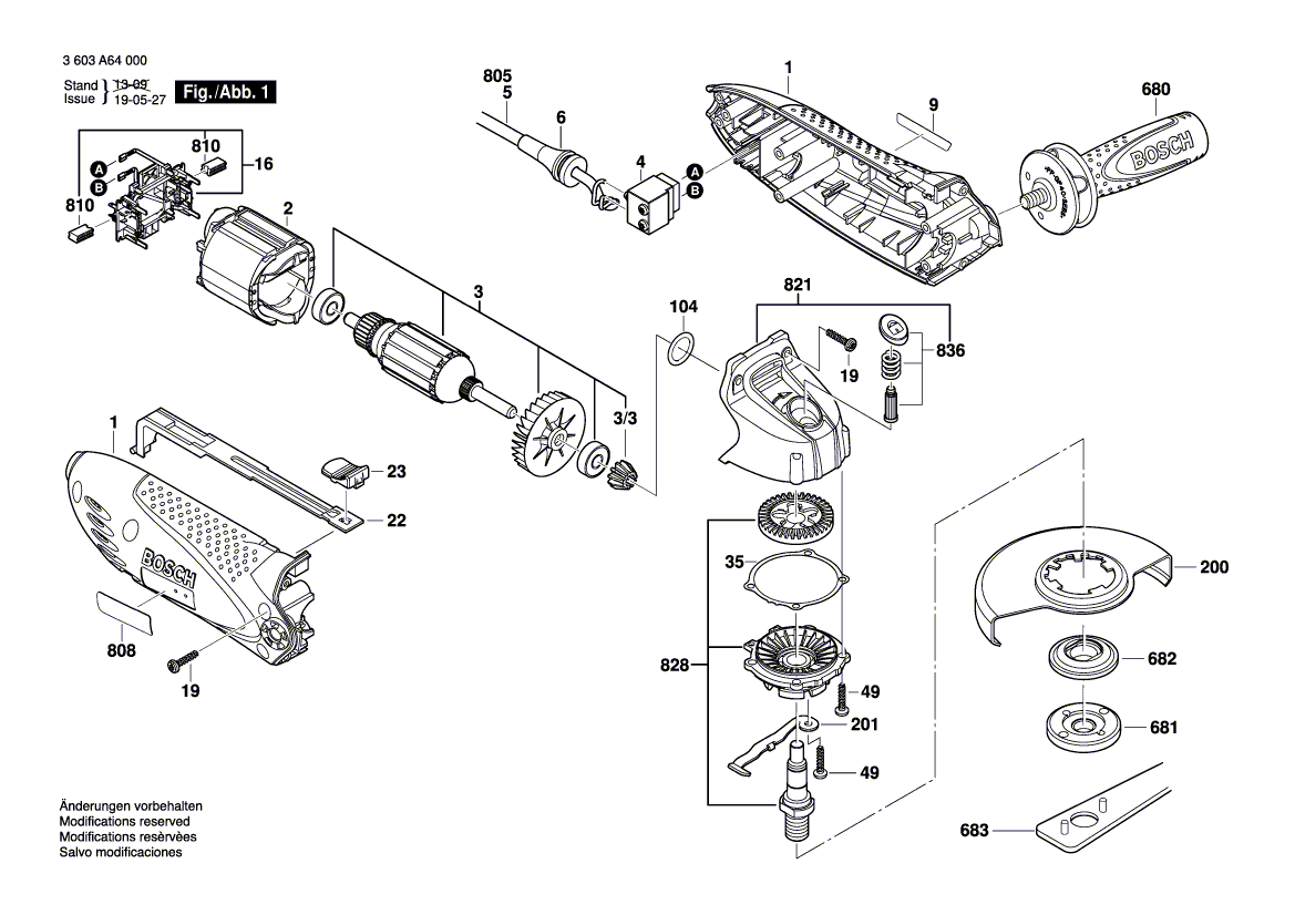 для угловой шлифмашины Bosch PWS 700-115 230 V 3603A64200, деталировка 1