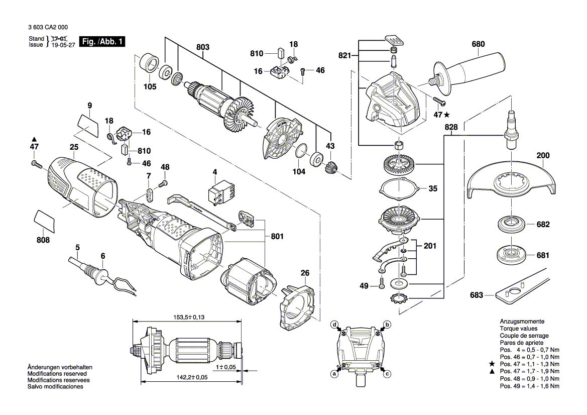 для угловой шлифмашины Bosch PWS 700-115 230 V 3603CA2000, деталировка 1