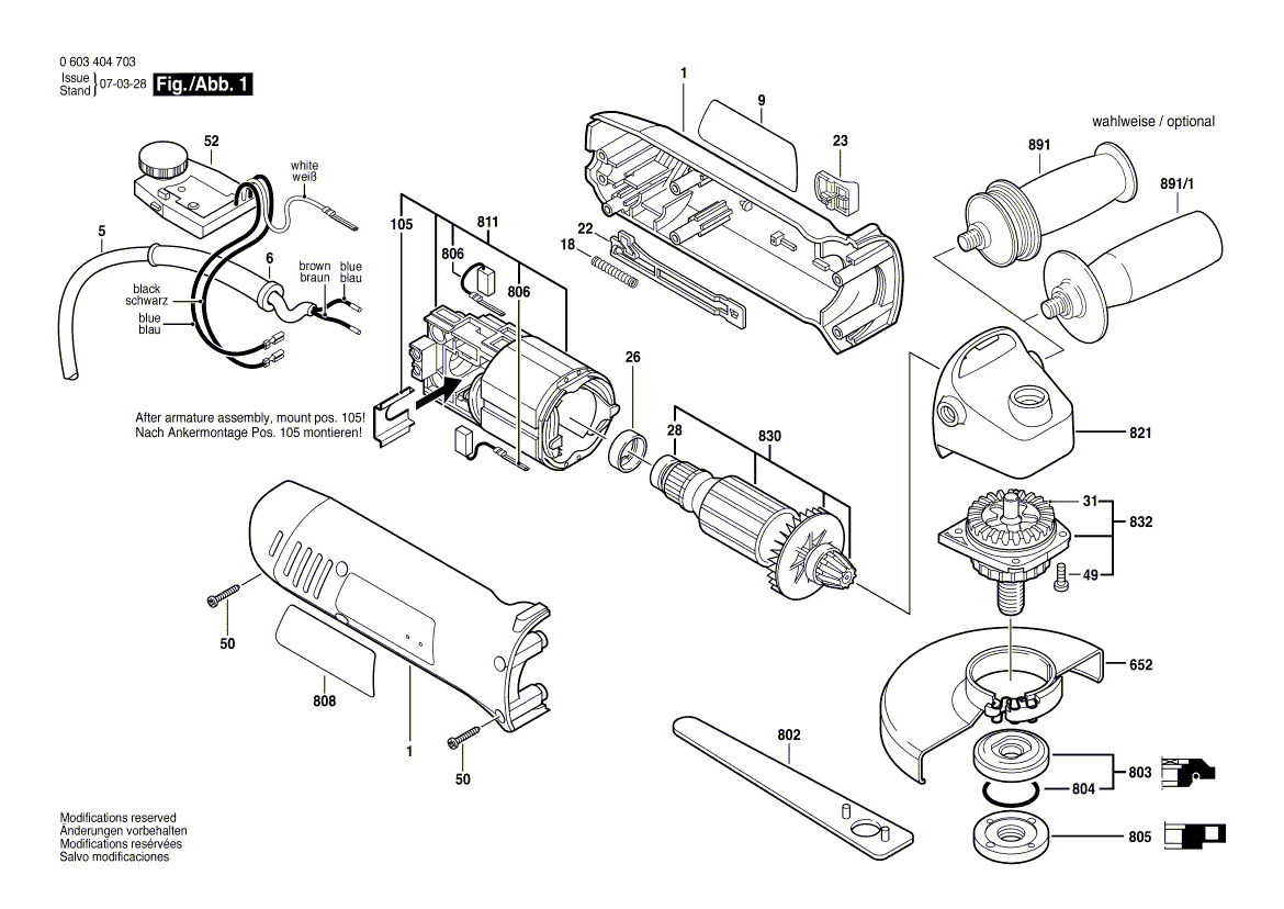 для угловой шлифмашины Bosch PWS 8-125 CE 230 V 0603404703, деталировка 1