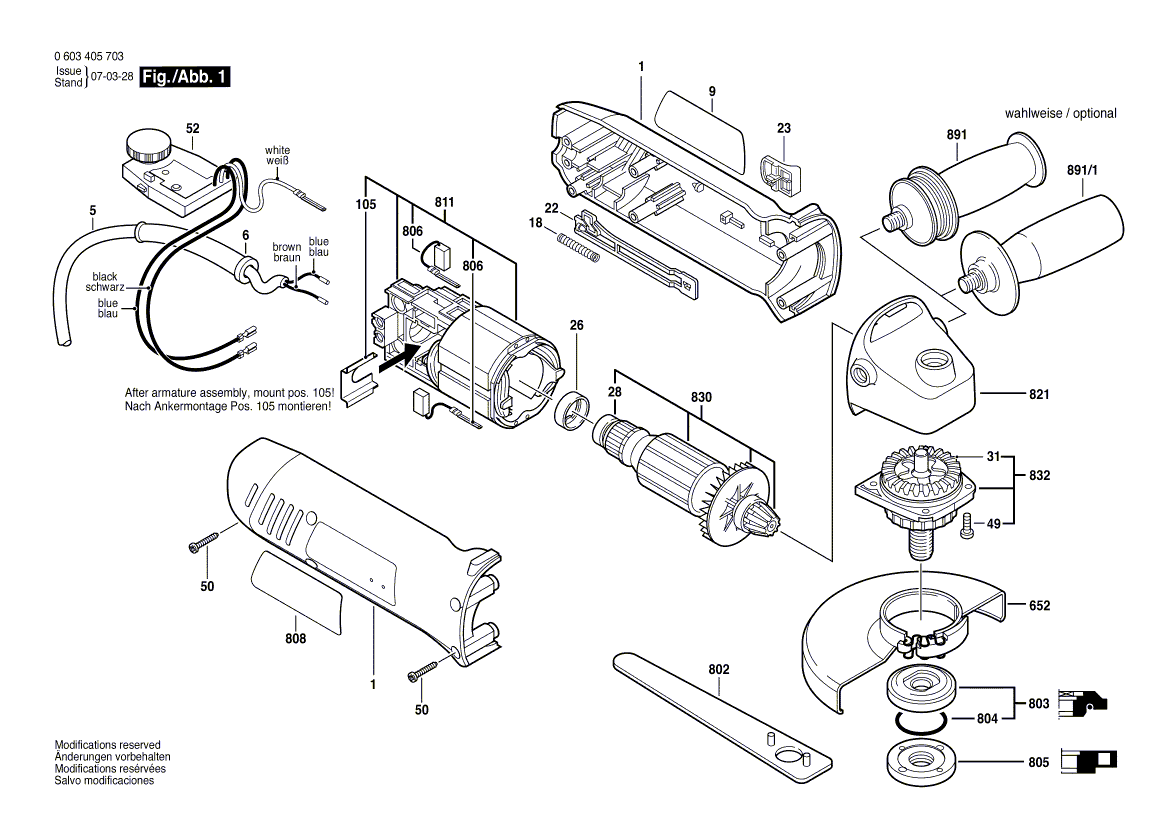 для угловой шлифмашины Bosch PWS 9-125 CE 230 V 0603405703, деталировка 1