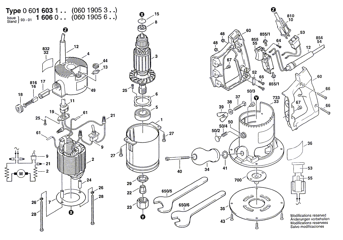 для вертикальной фрезерной машины Bosch 220 V 0601606003, деталировка 1