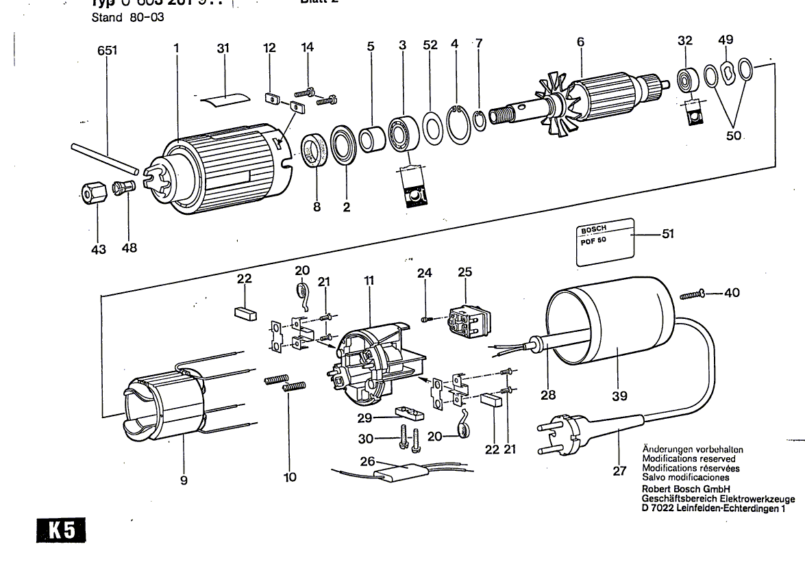 для вертикальной фрезерной машины Bosch POF 50 220 V 0603261903, деталировка 1