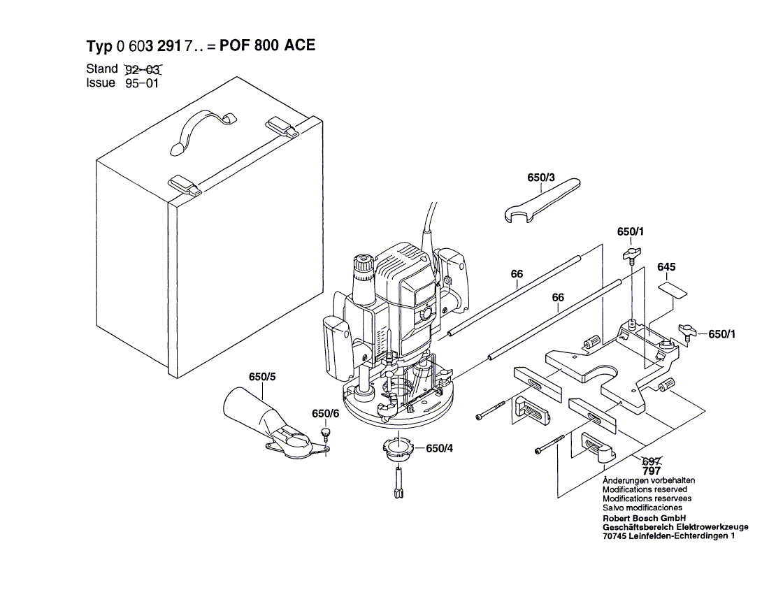 для вертикальной фрезерной машины Bosch POF 800 ACE 230 V 0603291703, деталировка 2