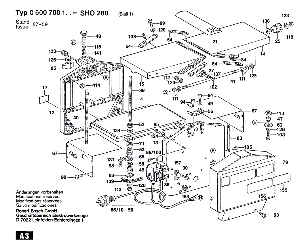 для фуговально-рейсмусового станка Bosch SHO 280 220 V 0600700103, деталировка 1