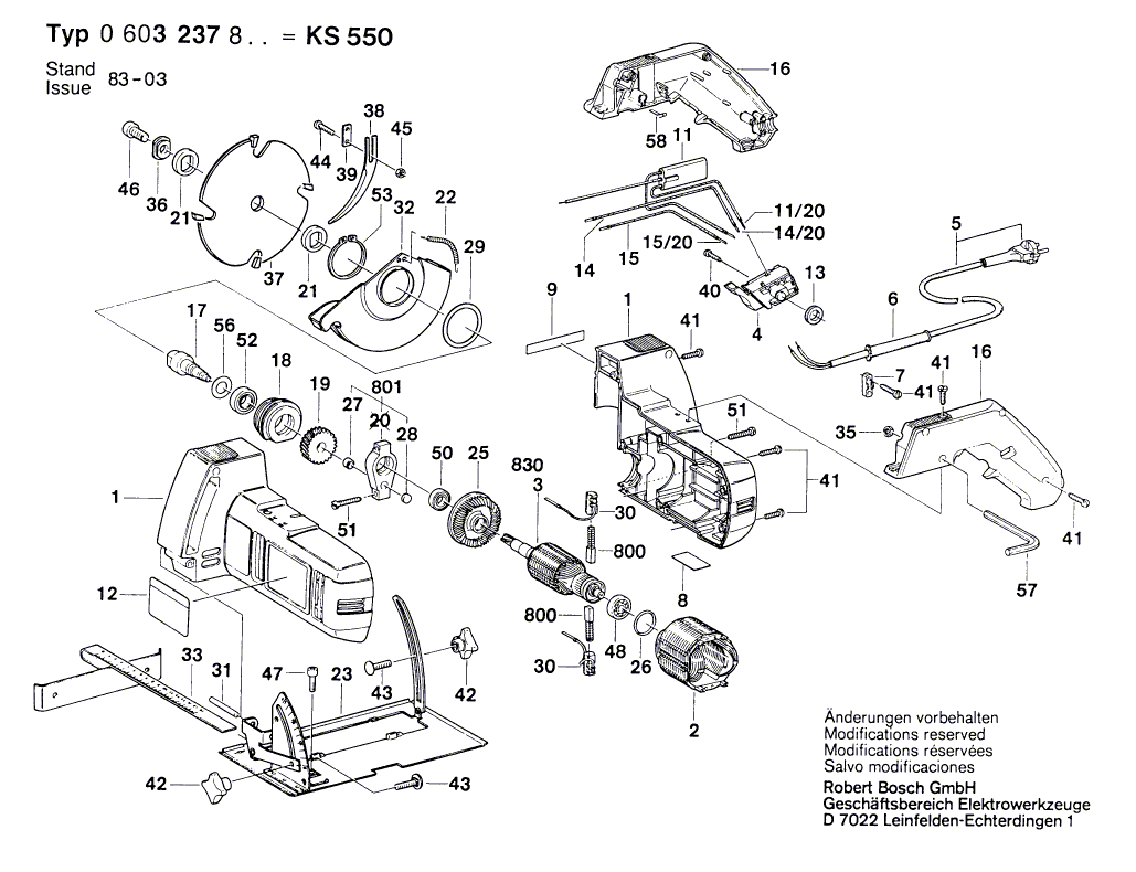 для ручной циркуляной пилы Bosch KS 550 220 V 0603237803, деталировка 1