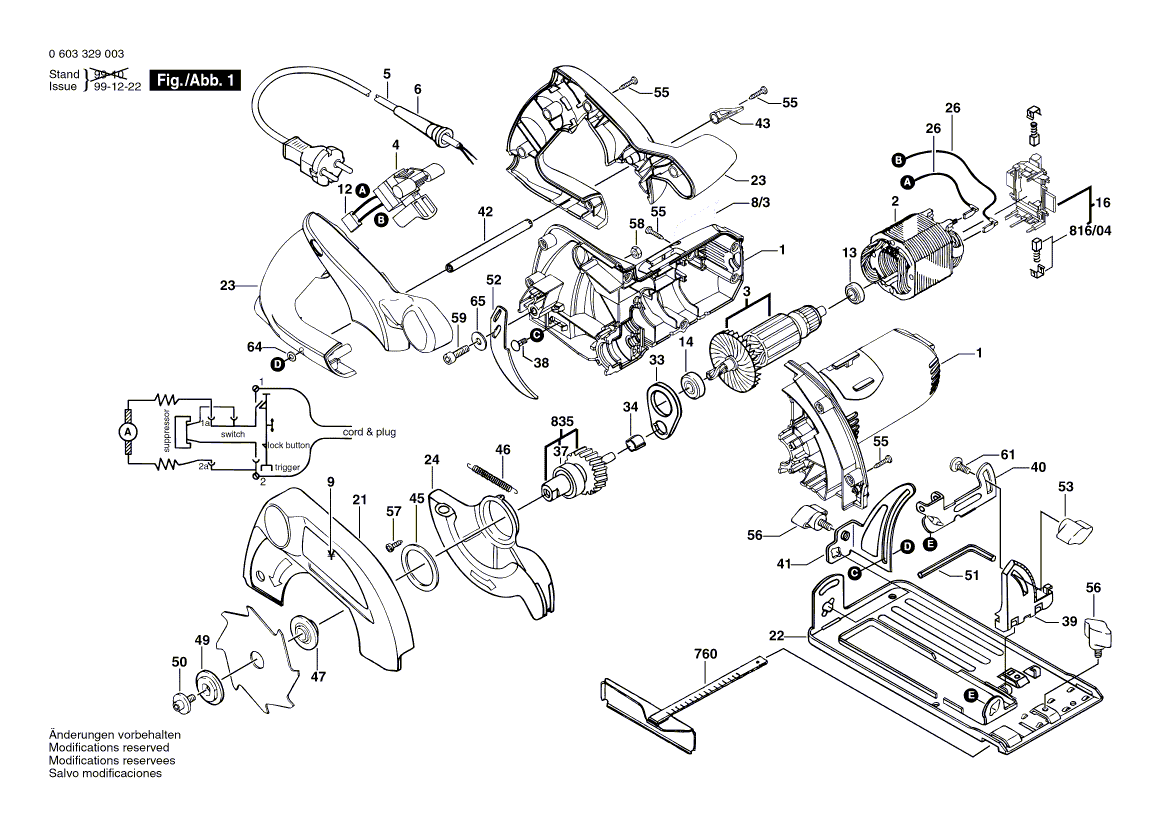 для ручной циркуляной пилы Bosch PKS 46 230 V 0603329003, деталировка 1