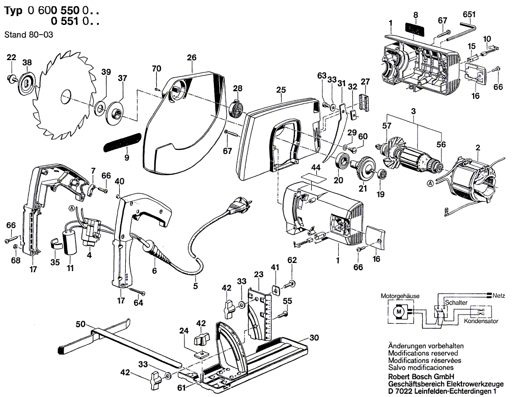 для ручной циркулярной пилы Bosch 220 V 0600550003, деталировка 1