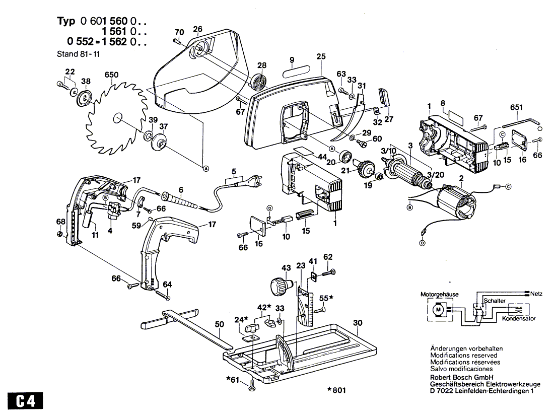 для ручной циркулярной пилы Bosch 220 V 0600552003, деталировка 1