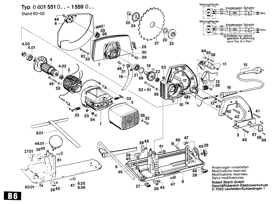 для ручной циркулярной пилы Bosch 220 V 0601551003, деталировка 1