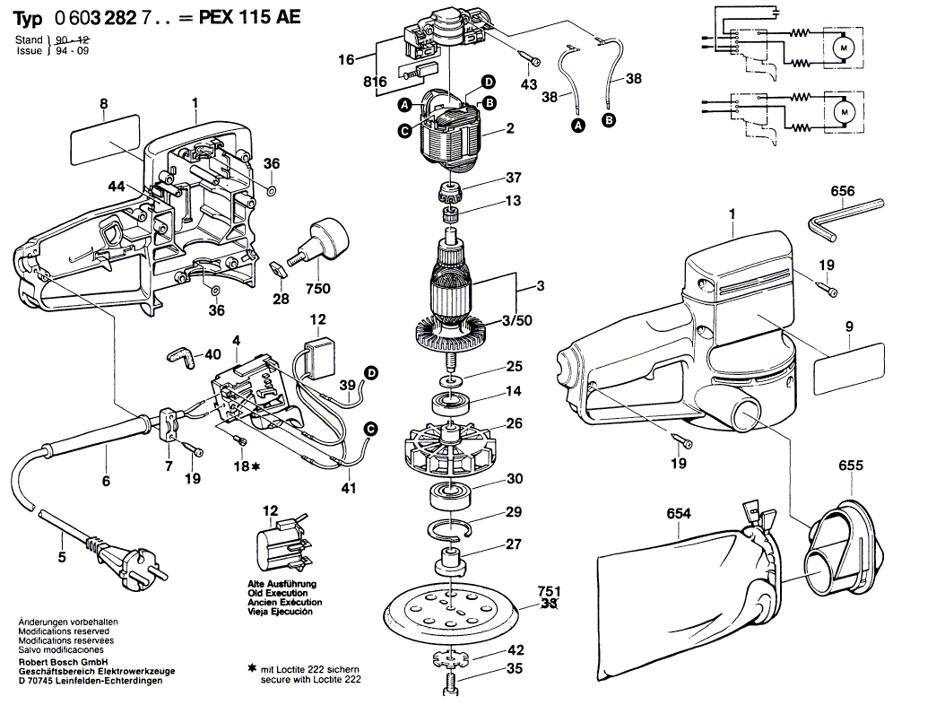 для эксцентриковой шлифмашины Bosch PEX 115 AE 220 V 0603282703, деталировка 1