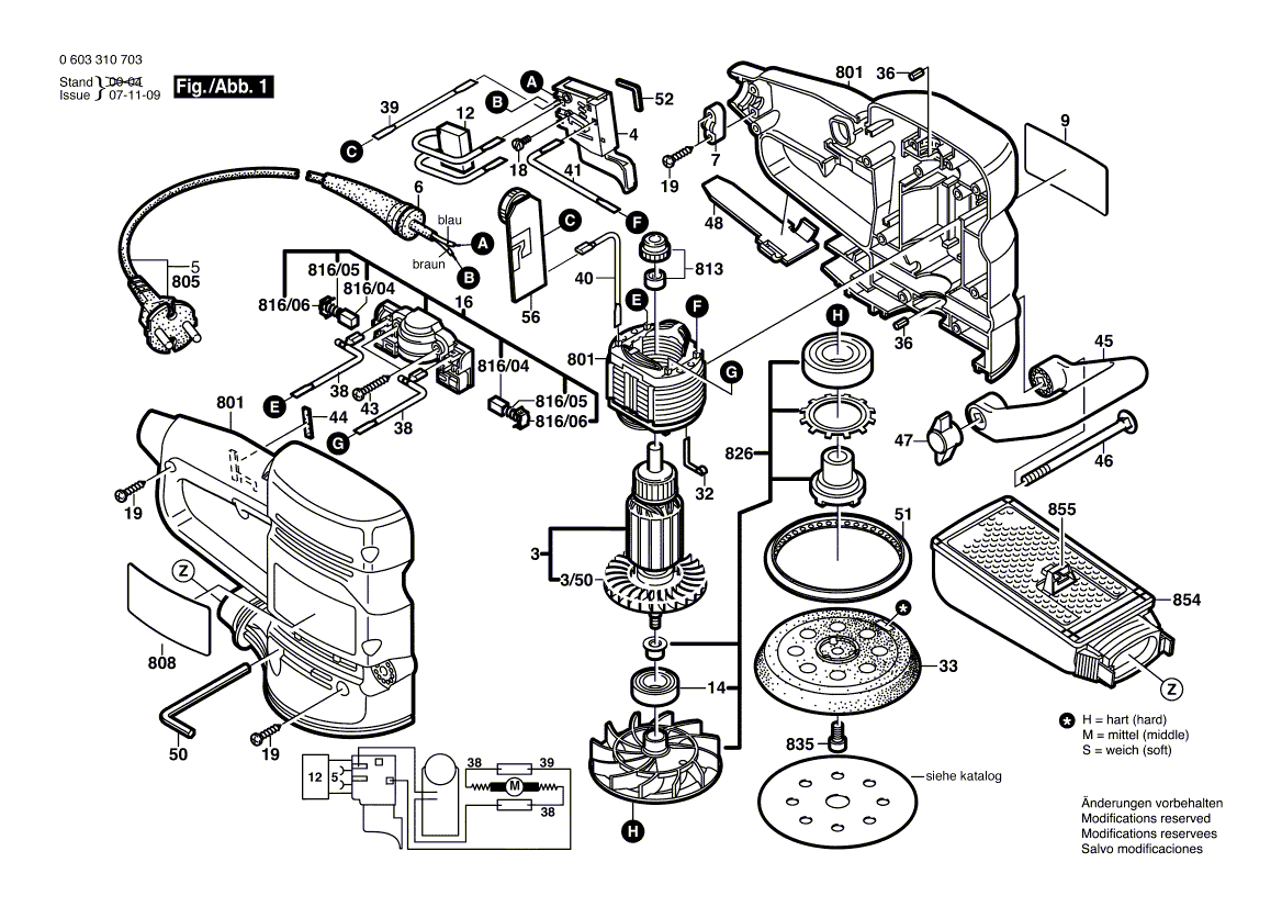 для эксцентриковой шлифмашины Bosch PEX 12 AE 230 V 0603310703, деталировка 1