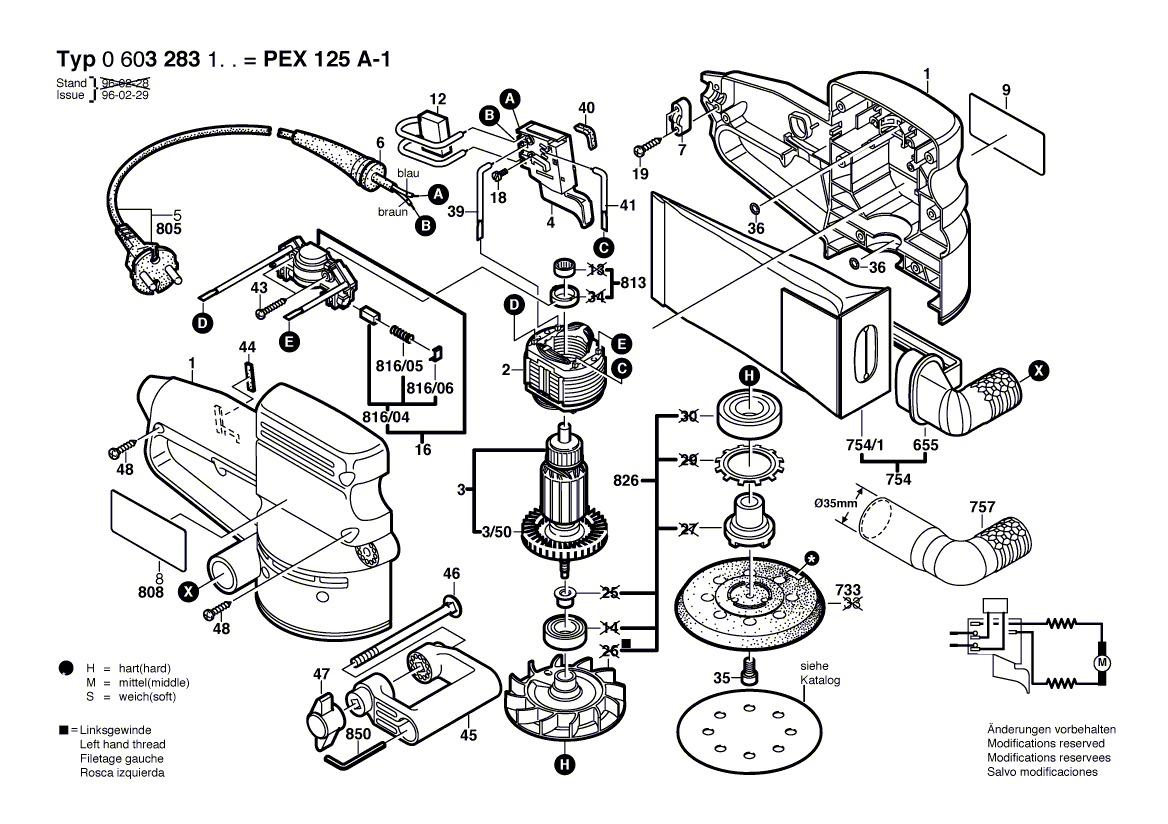 для эксцентриковой шлифмашины Bosch PEX 125 A-1 230 V 0603283103, деталировка 1