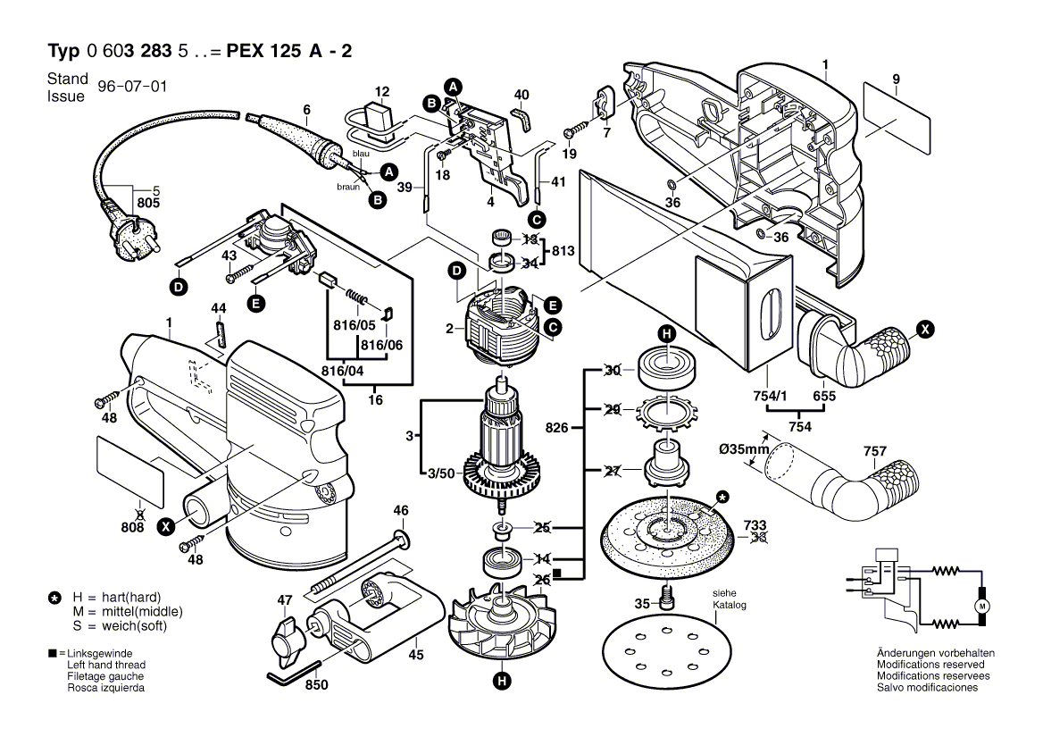 для эксцентриковой шлифмашины Bosch PEX 125 A-2 230 V 0603283503, деталировка 1