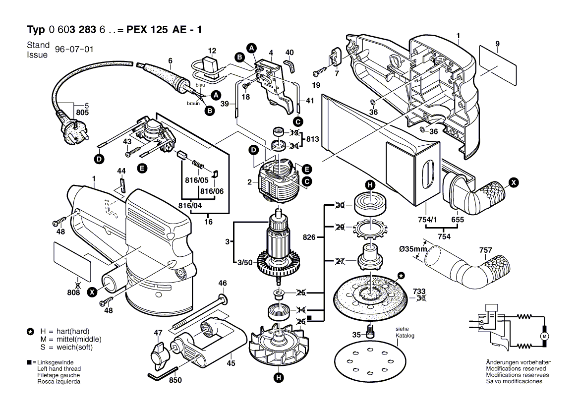 для эксцентриковой шлифмашины Bosch PEX 125 AE-1 230 V 0603283603, деталировка 1