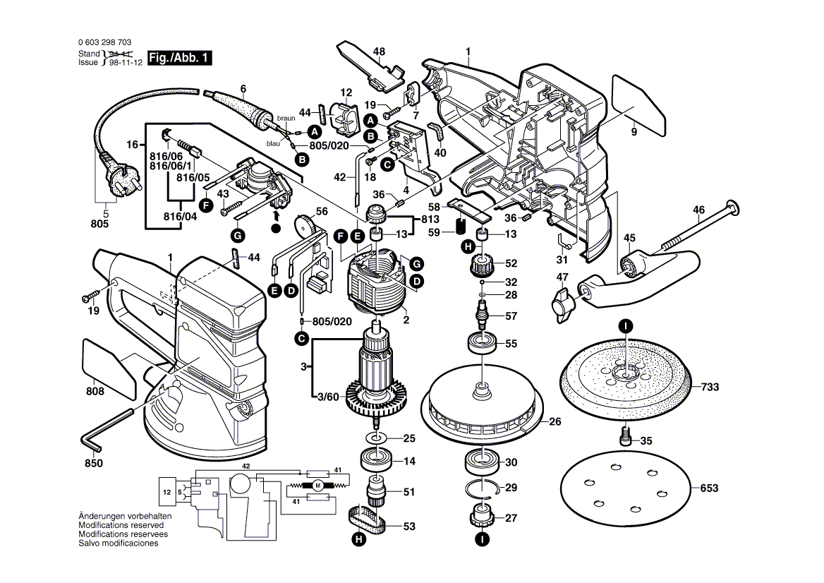 для эксцентриковой шлифмашины Bosch PEX 15 AE 230 V 0603298703, деталировка 1