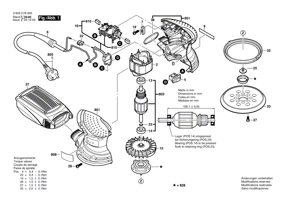 для эксцентриковой шлифмашины Bosch PEX 220 A 230 V 3603C78000, деталировка 1