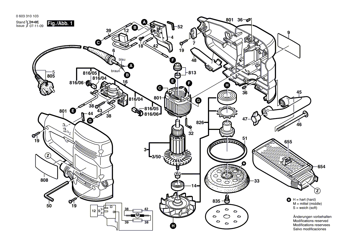 для эксцентриковой шлифмашины Bosch PEX 400 A 230 V 0603310103, деталировка 1