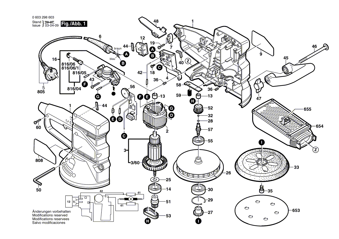 для эксцентриковой шлифмашины Bosch PEX 420 AE 230 V 0603298603, деталировка 1