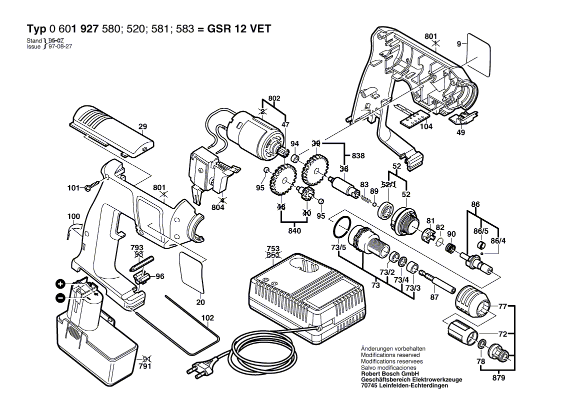 для аккумуляторного шуруповерта Bosch GSR 12 VET 12 V 0601927520, деталировка 1