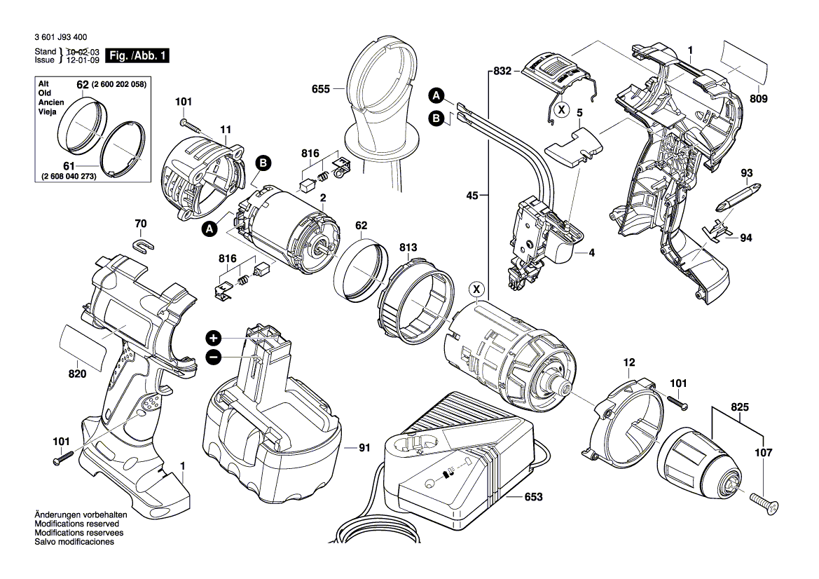 для аккумуляторного шуруповерта Bosch GSR 14,4 VE-2 14.4 V 3601J93400, деталировка 1