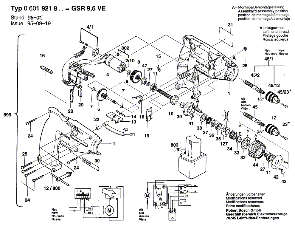 для аккумуляторного шуруповерта Bosch GSR 9,6 VE 9.6 V 0601921803, деталировка 1