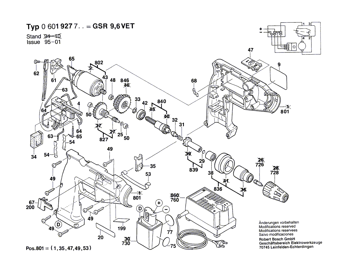 для аккумуляторного шуруповерта Bosch GSR 9,6 VET 9.6 V 0601927703, деталировка 1