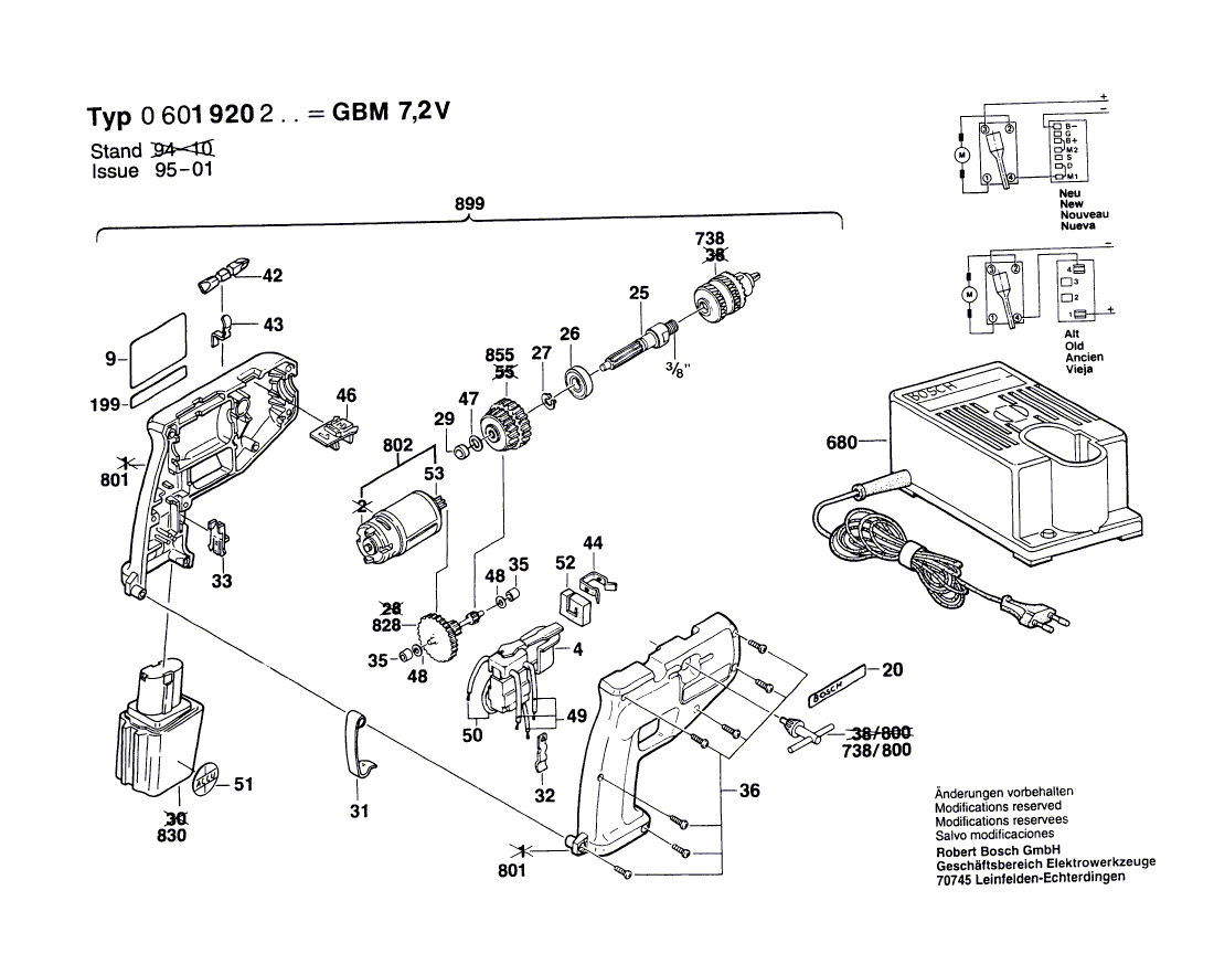 для аккумуляторной дрели Bosch GBM 7,2 V 7.2 V 0601920203, деталировка 1