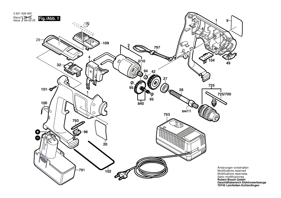 для аккумуляторной дрели Bosch GBM 7,2 V-2 7.2 V 0601938060, деталировка 1