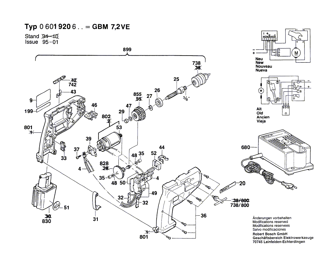 для аккумуляторной дрели Bosch GBM 7,2 VE 7.2 V 0601920603, деталировка 1