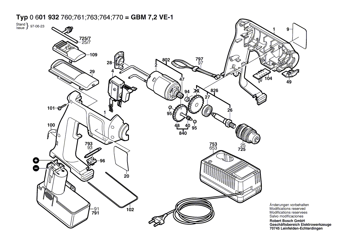 для аккумуляторной дрели Bosch GBM 7,2 VE-1 7.2 V 0601932760, деталировка 1