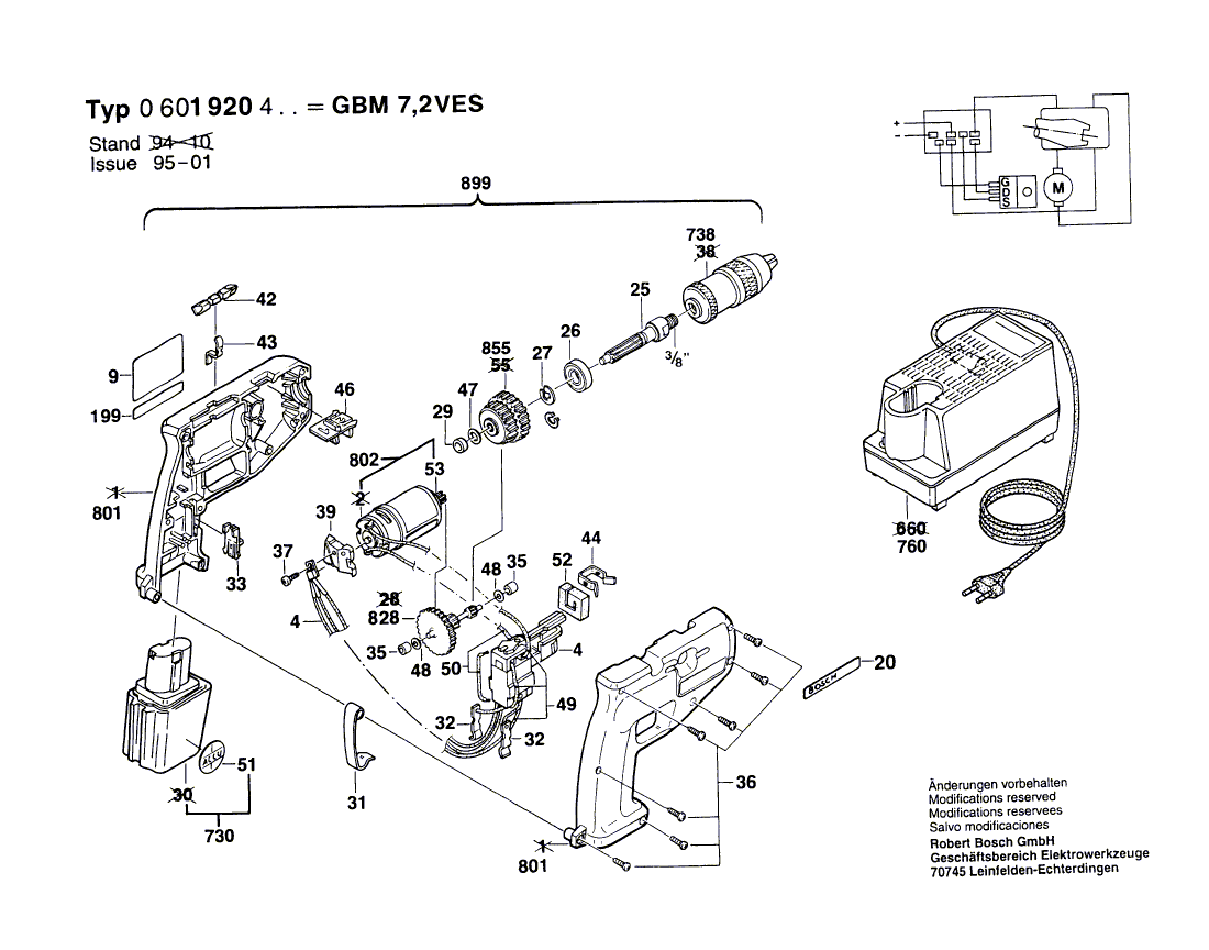 для аккумуляторной дрели Bosch GBM 7,2 VES 7.2 V 0601920403, деталировка 1