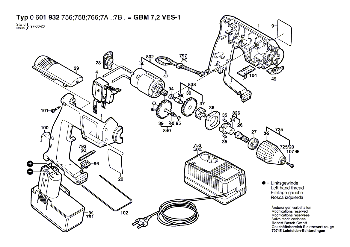 для аккумуляторной дрели Bosch GBM 7,2 VES-1 7.2 V 06019327A0, деталировка 1