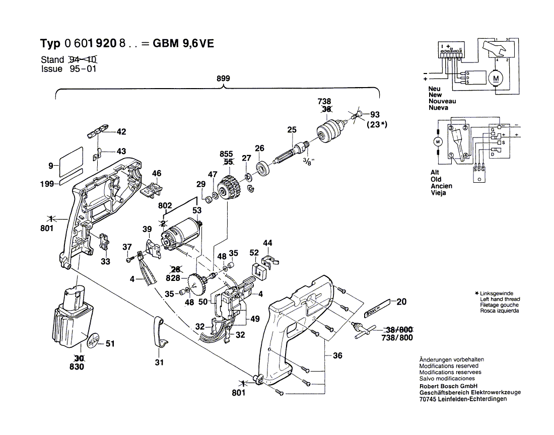 для аккумуляторной дрели Bosch GBM 9,6 VE 9.6 V 0601920803, деталировка 1