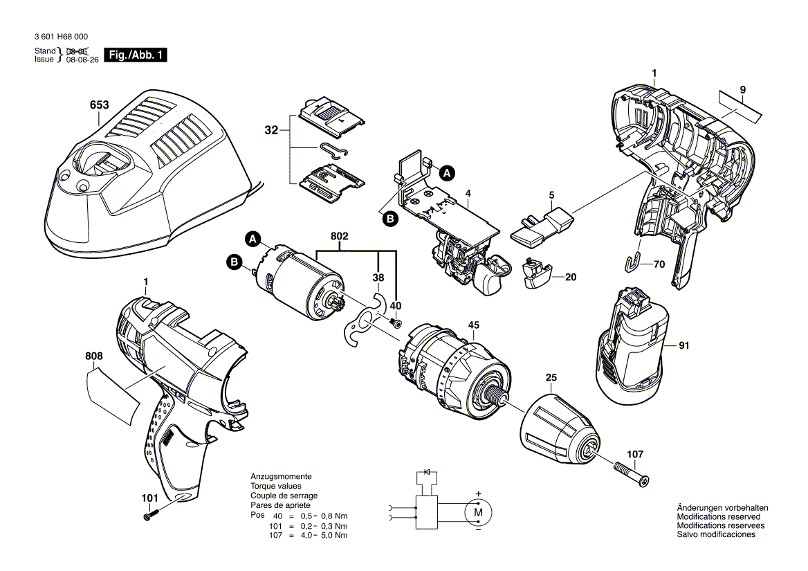 для аккумуляторной дрели-шуруповерта Bosch GSR 10,8 V-LI-2 10.8 V 3601H68000, деталировка 1