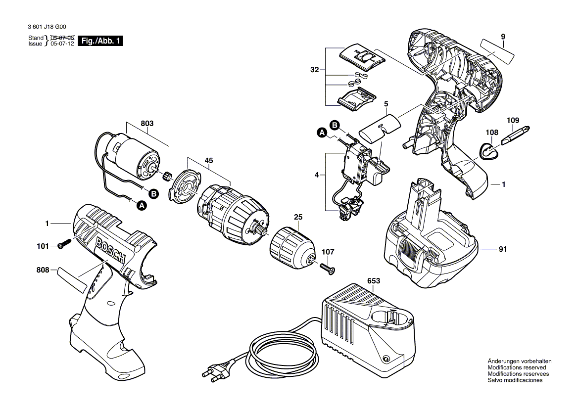 для аккумуляторной дрели-шуруповерта Bosch GSR 12-2 12 V 3601J18J00, деталировка 1