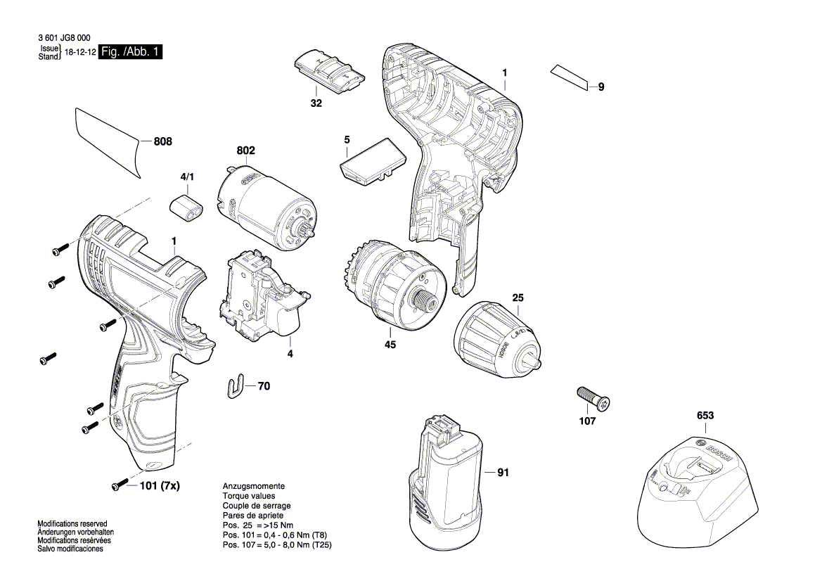 для аккумуляторной дрели-шуруповерта Bosch GSR 120-LI 12 V 3601JG8000, деталировка 1