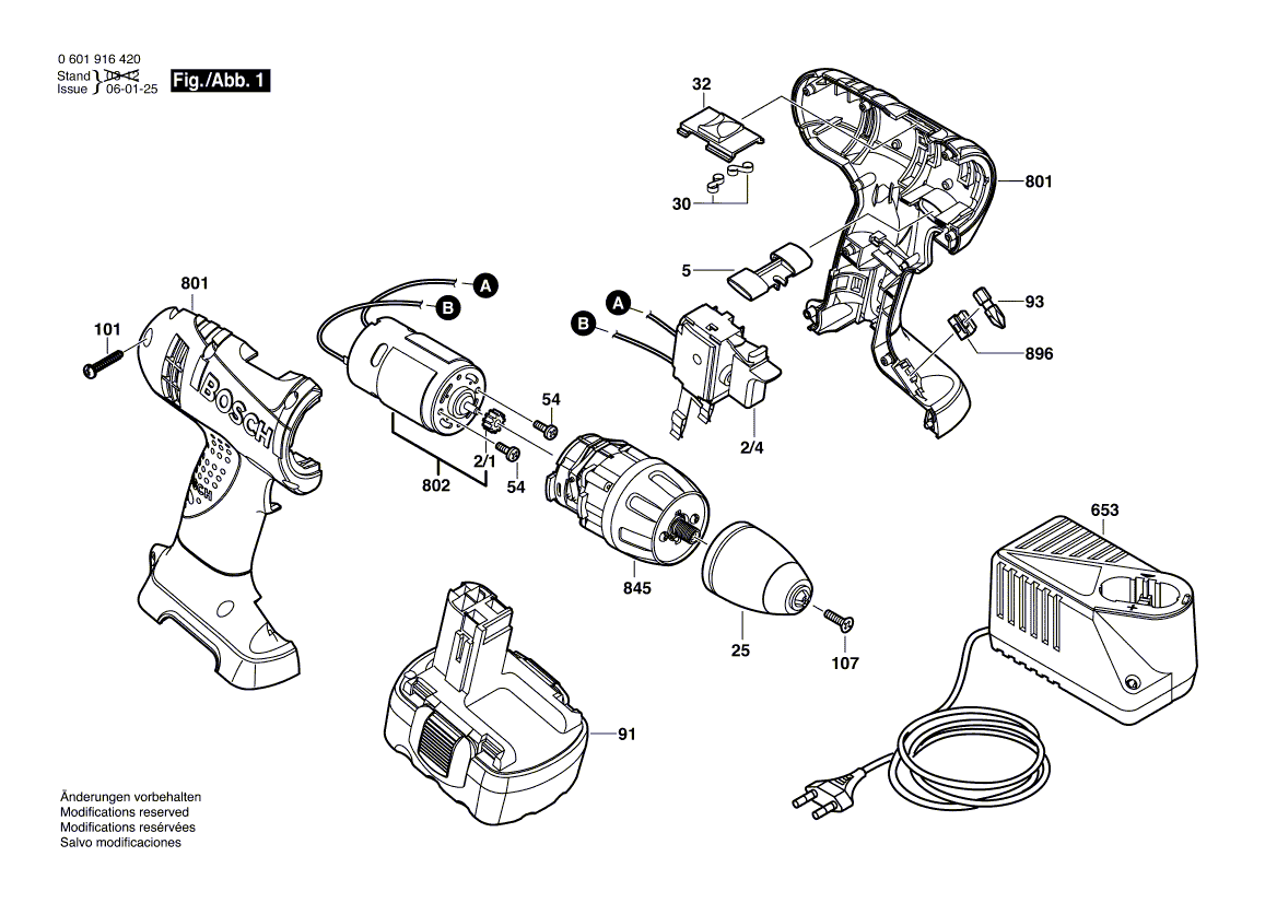 для аккумуляторной дрели-шуруповерта Bosch GSR 14,4 V 14.4 V 0601916420, деталировка 1