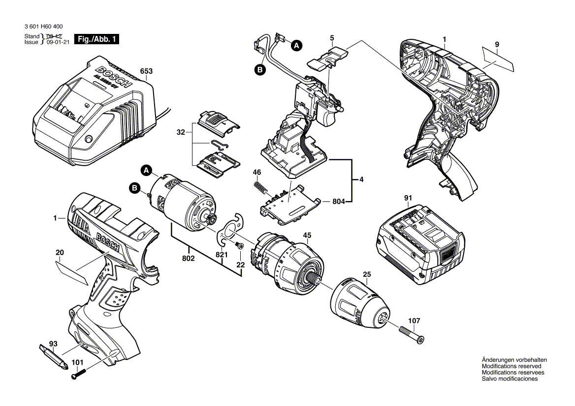 для аккумуляторной дрели-шуруповерта Bosch GSR 14,4 V-LI 14.4 V 3601H60400, деталировка 1