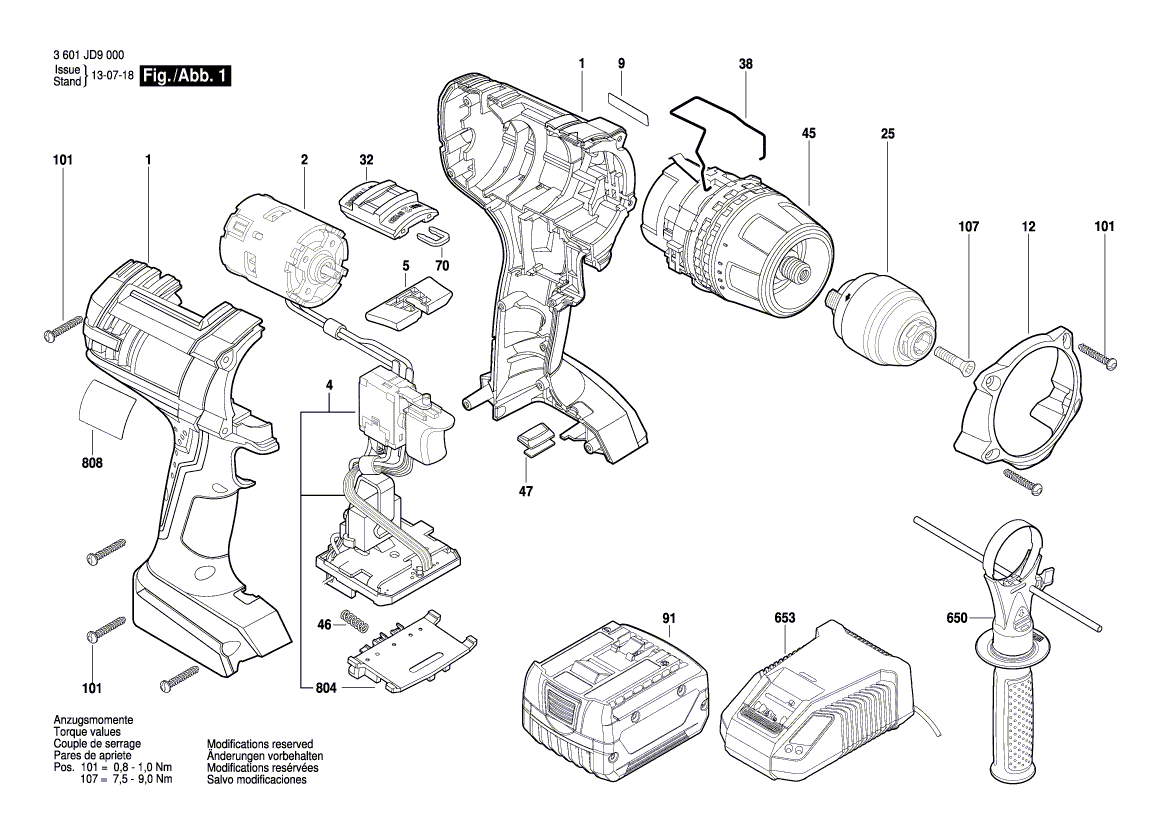 для аккумуляторной дрели-шуруповерта Bosch GSR 14,4 VE-2-LI 14.4 V 3601JD9000, деталировка 1