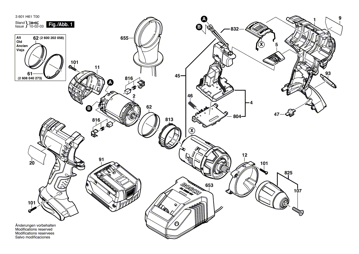 для аккумуляторной дрели-шуруповерта Bosch GSR 14,4 VE-2LI 14.4 V 3601H61T00, деталировка 1