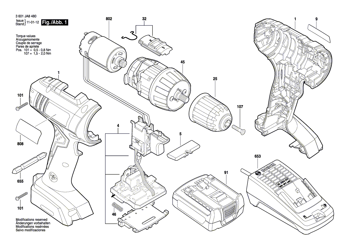 для аккумуляторной дрели-шуруповерта Bosch GSR 1440-LI 14.4 V 3601JA8400, деталировка 1