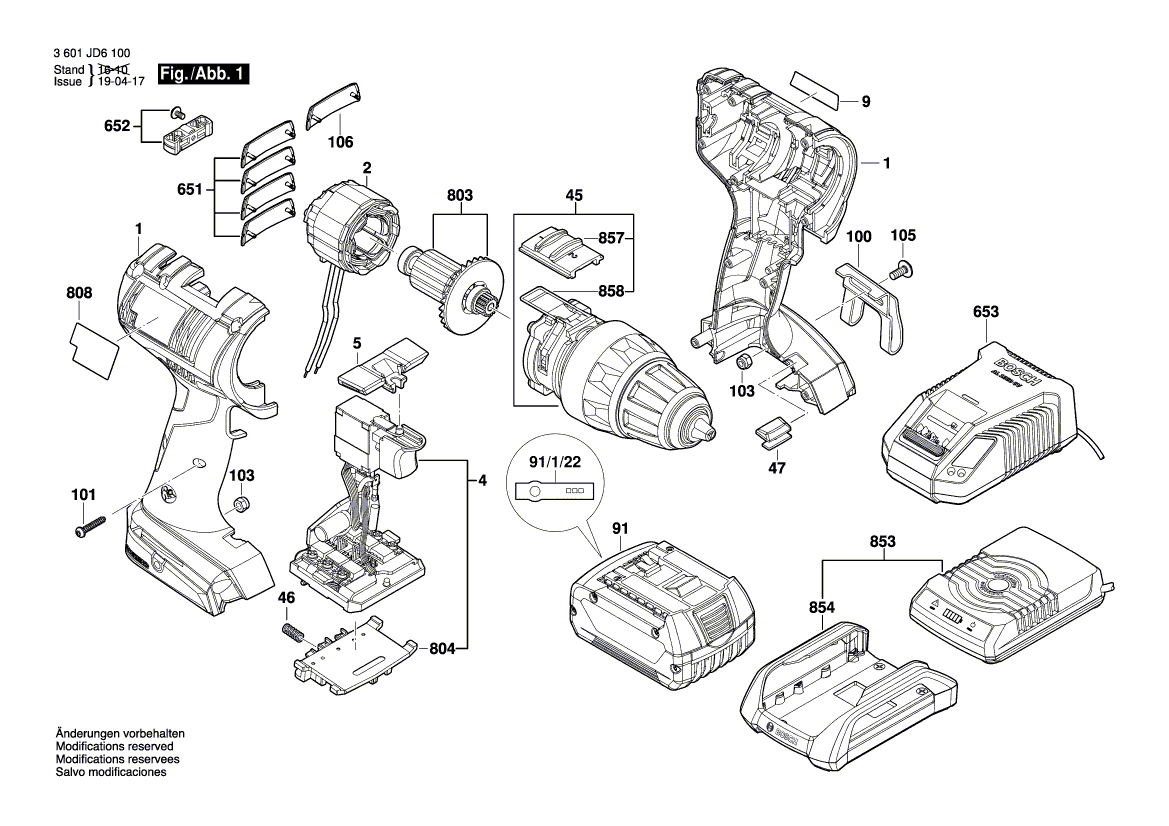 для аккумуляторной дрели-шуруповерта Bosch GSR 18 V-EC 18 V 3601JD6100, деталировка 1