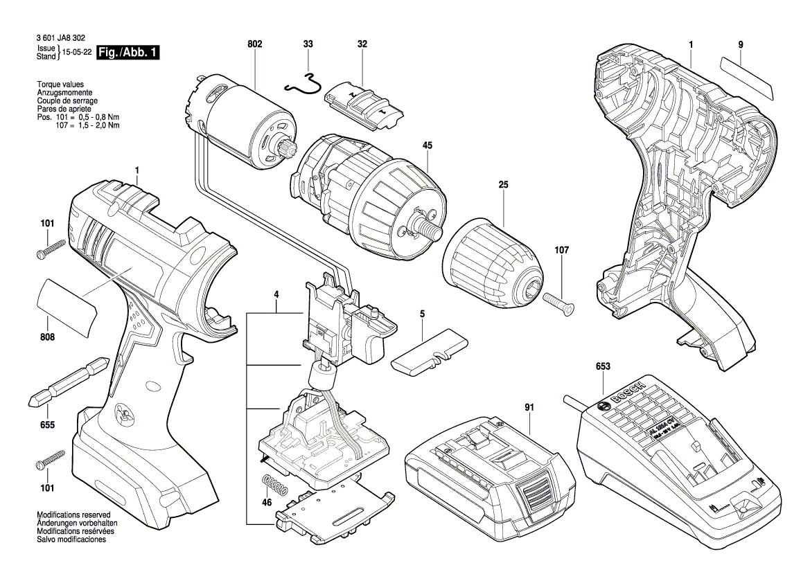 для аккумуляторной дрели-шуруповерта Bosch GSR 18V 18V 3601JA8302, деталировка 1