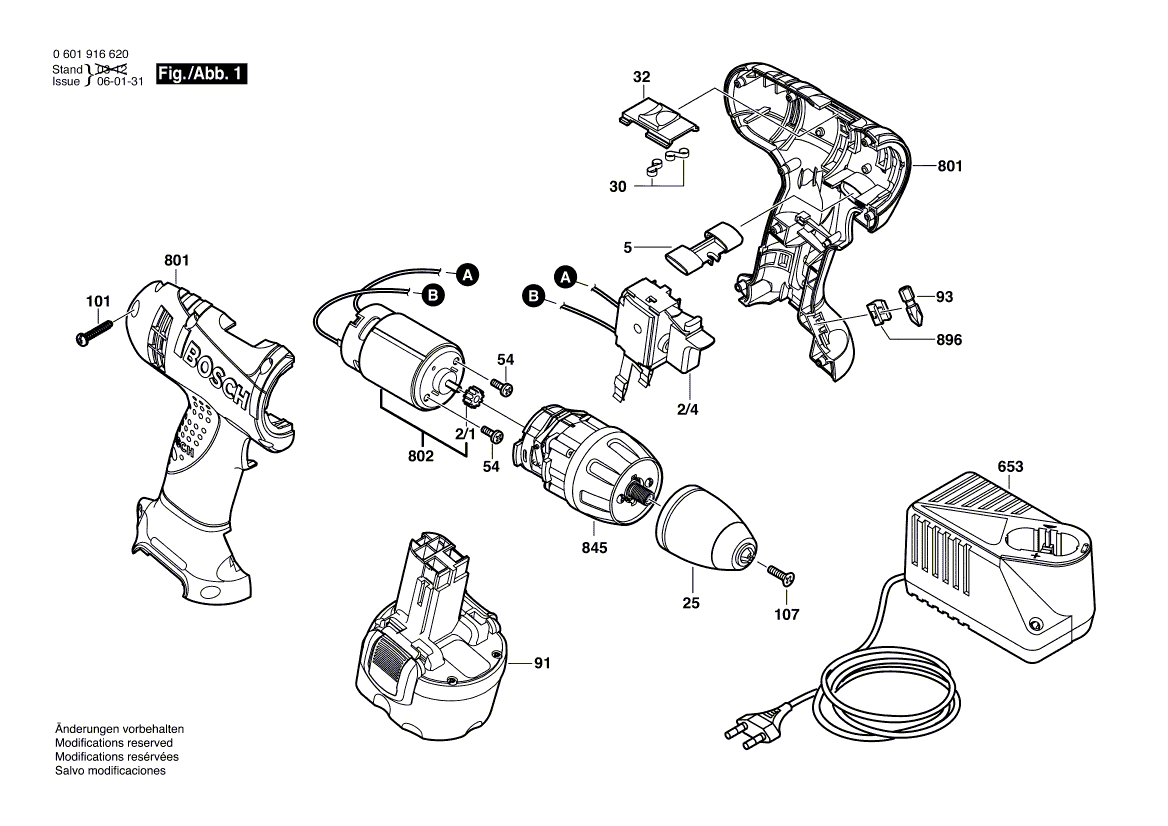 для аккумуляторной дрели-шуруповерта Bosch GSR 9,6 V 9.6 V 0601916620, деталировка 1