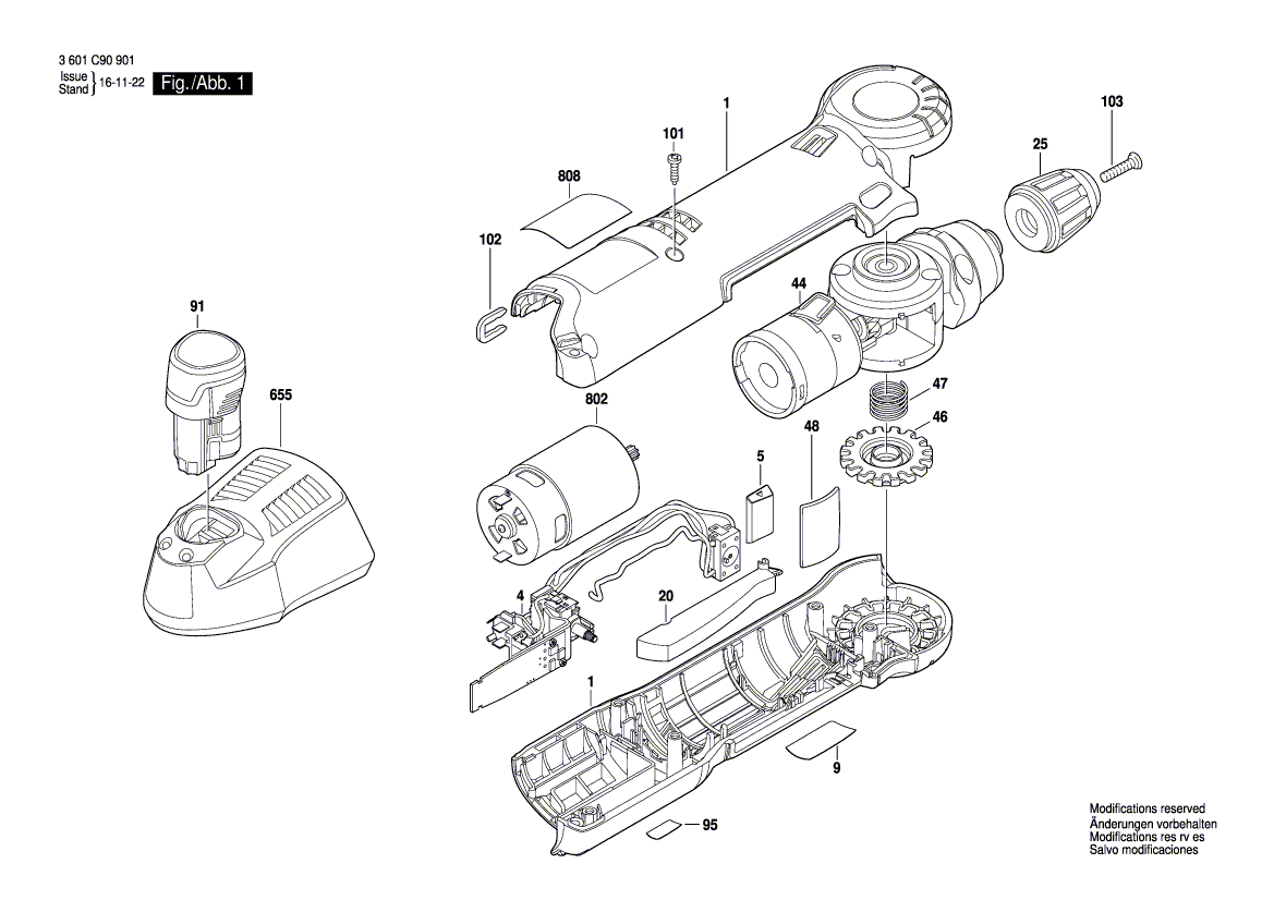 для аккумуляторной угловой дрели Bosch GWB 10,8 B-LI 10.8 V 3601C90901, деталировка 1